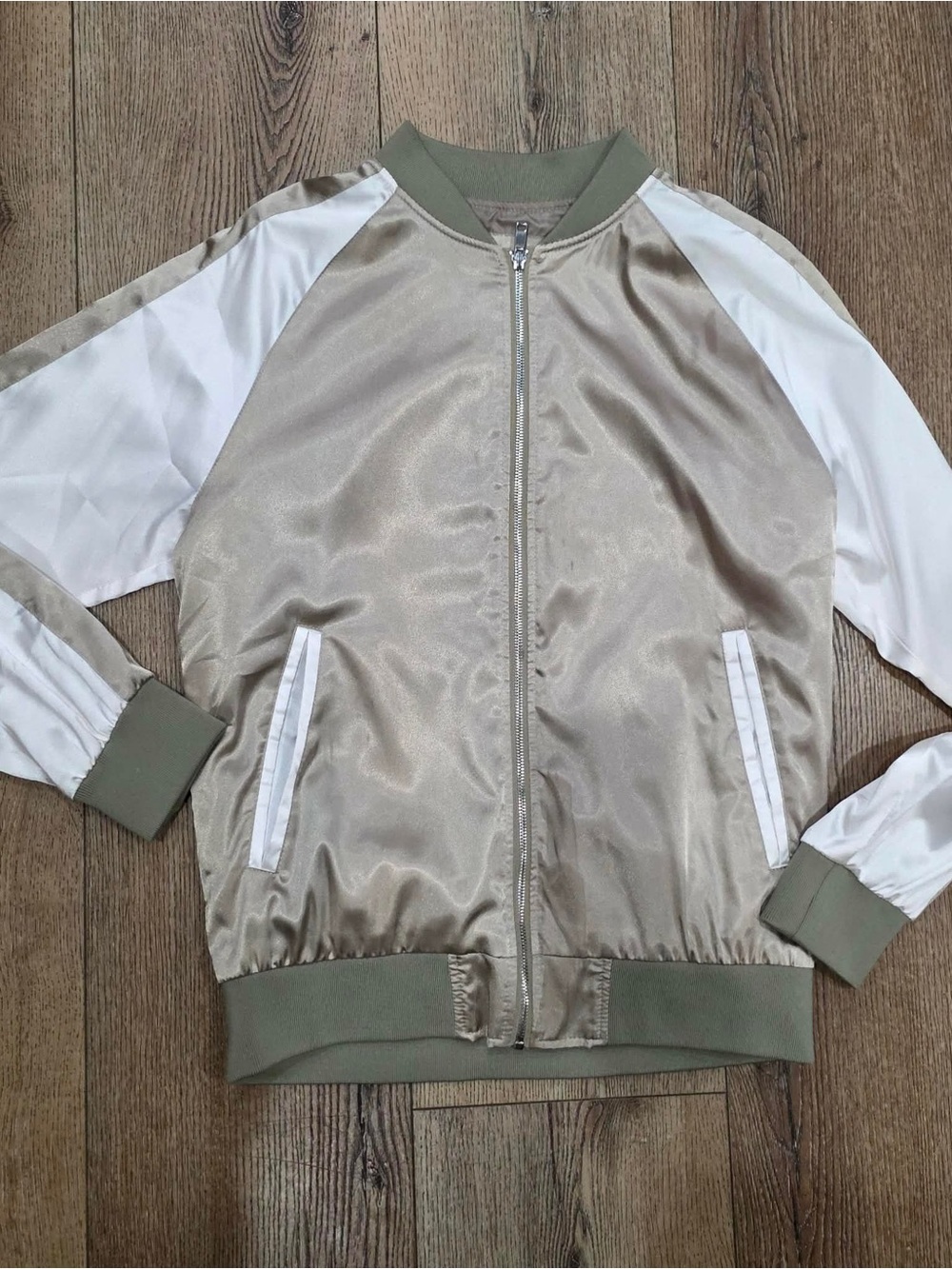 Zara Satin Bomber Jacket in Beige, Olive & White
